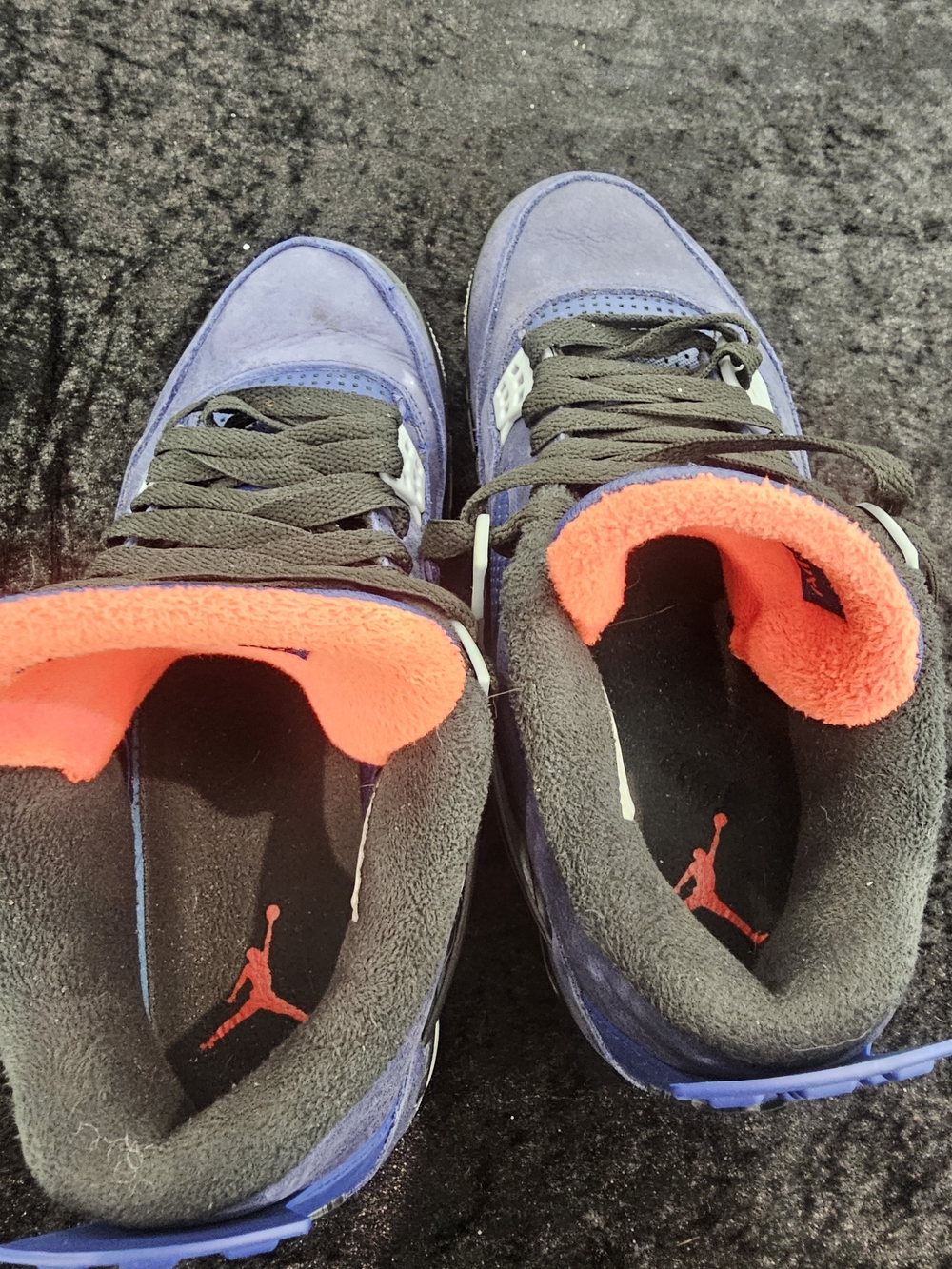 Jordan Men's Purple Suede Basketball Sneakers with Black Laces and Orange Trim - Picture 6 of 9